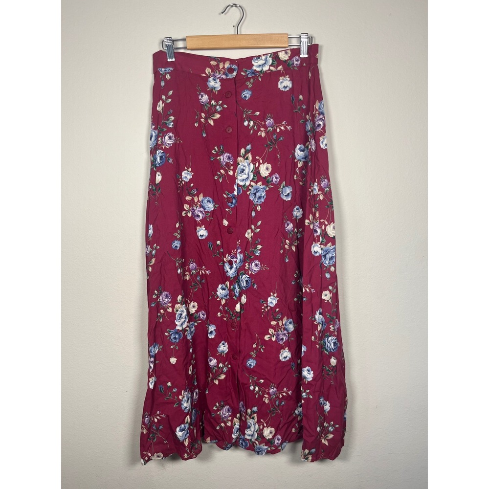 Vintage Niki-Lee California Burgundy Floral Rayon Button Maxi Skirt Size 13